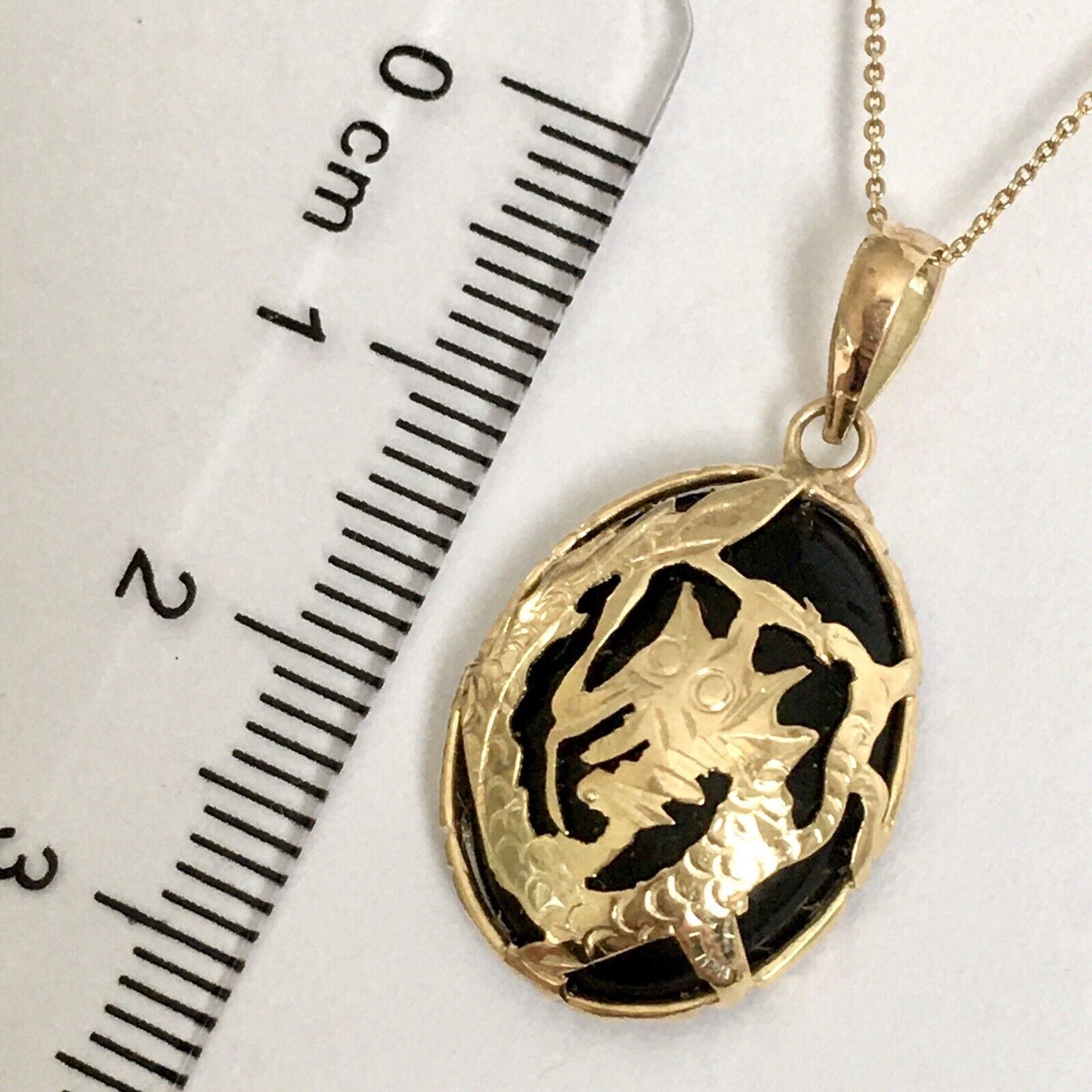 New 14k Solid Yellow Gold Black Onyx Pendant For Necklace, Powerful Dragon 2.5G