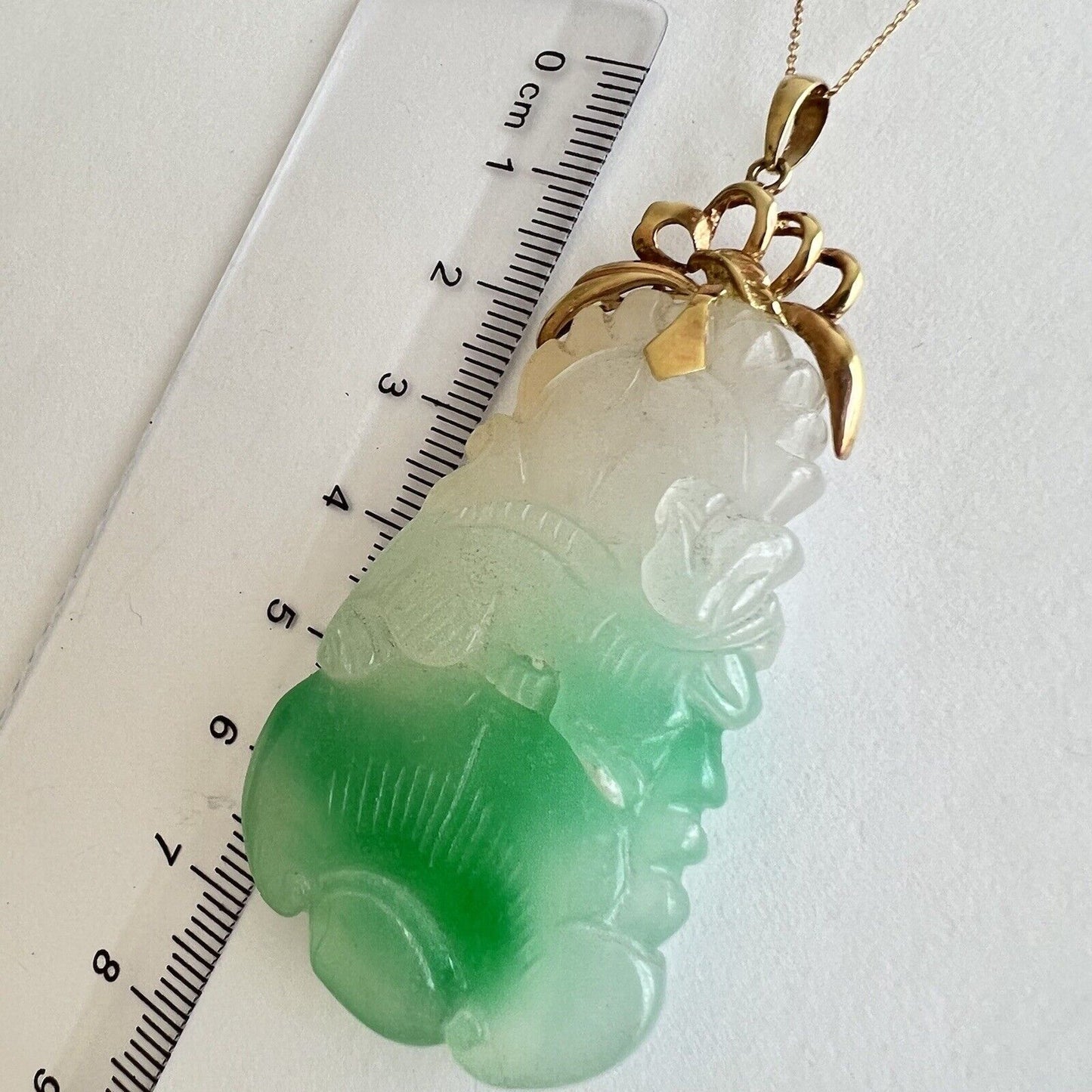 New 14k Solid Yellow Gold Natural Green Jade Pendant Lucky Guanyin Buddha 22.1g