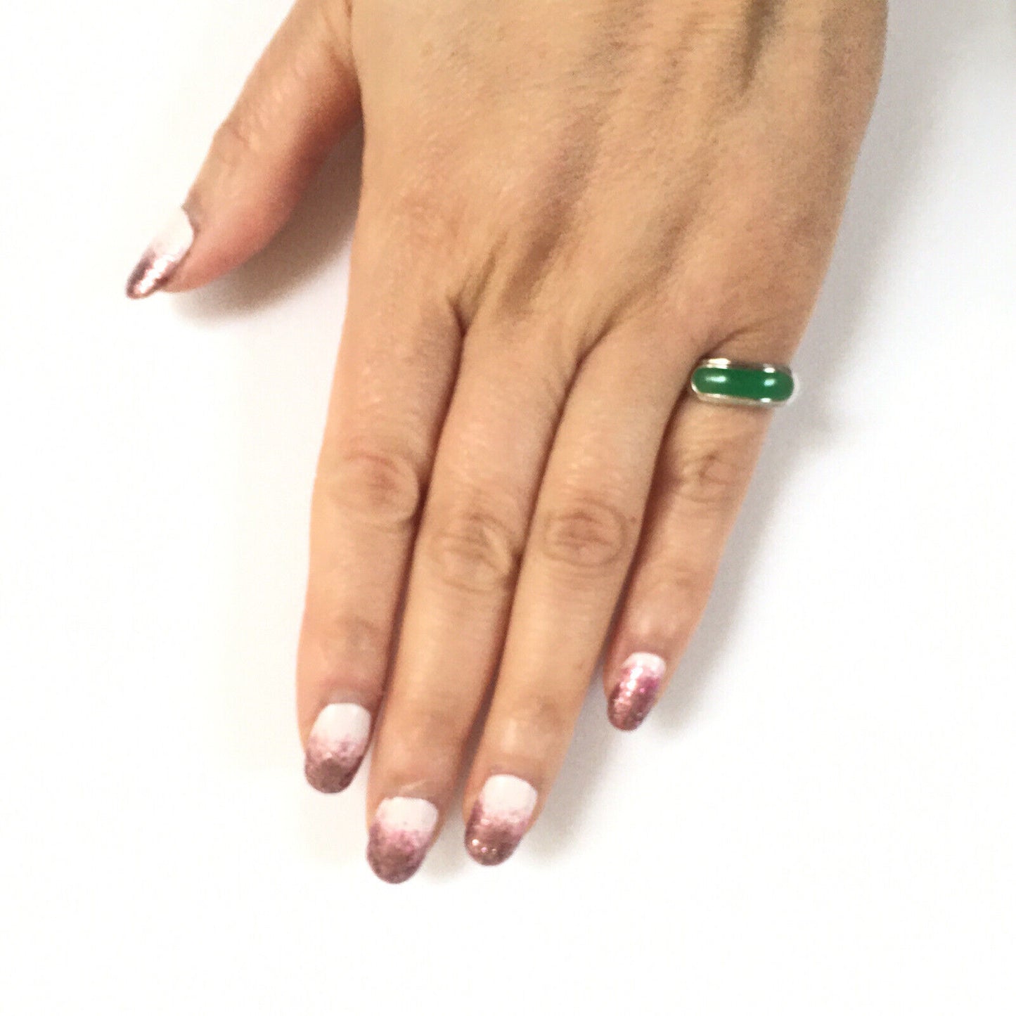 Q12318, New 14k Solid White Gold W/G Natural Grade Green Jade Ring, 15*5mm, SZ-6