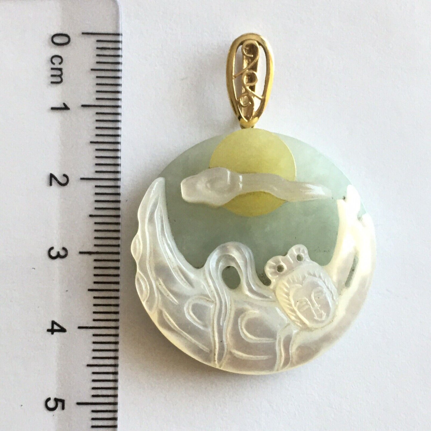New 14k Solid Yellow Gold Natural Green Jade Mother of Pearl Pendant Lucky Lady Buddha 13.6g