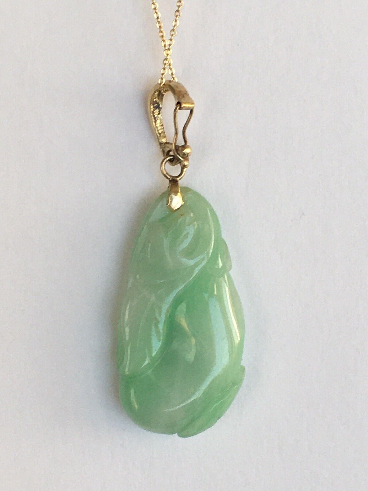 P-4840 New 14k Solid Yellow Gold Natural Quality Green Jade Pendant LuckyFlower