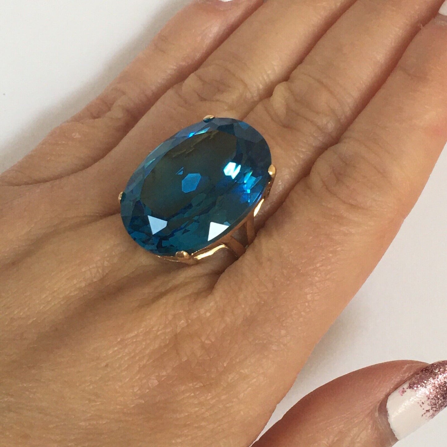 New 14k Solid Yellow Gold Y/G Ring Blue Topaz, 20*27mm, Oval, SZ-8, P0614512