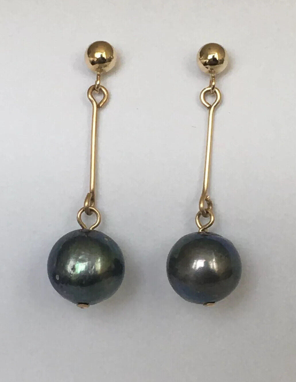 P-6151, 14k Solid Yellow Gold Natural Black South Sea Pearl Earrings Dangling