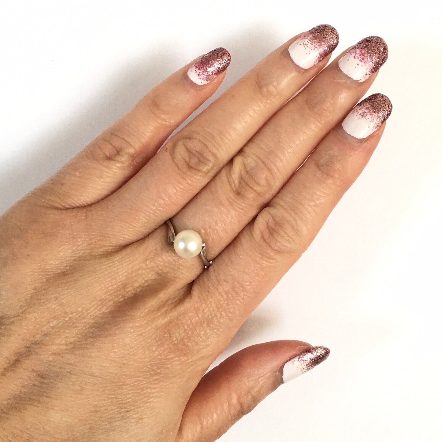 Q11615, New 14k Solid White Gold W/G Ring Natural Japanese Culture Pearl , SZ-7