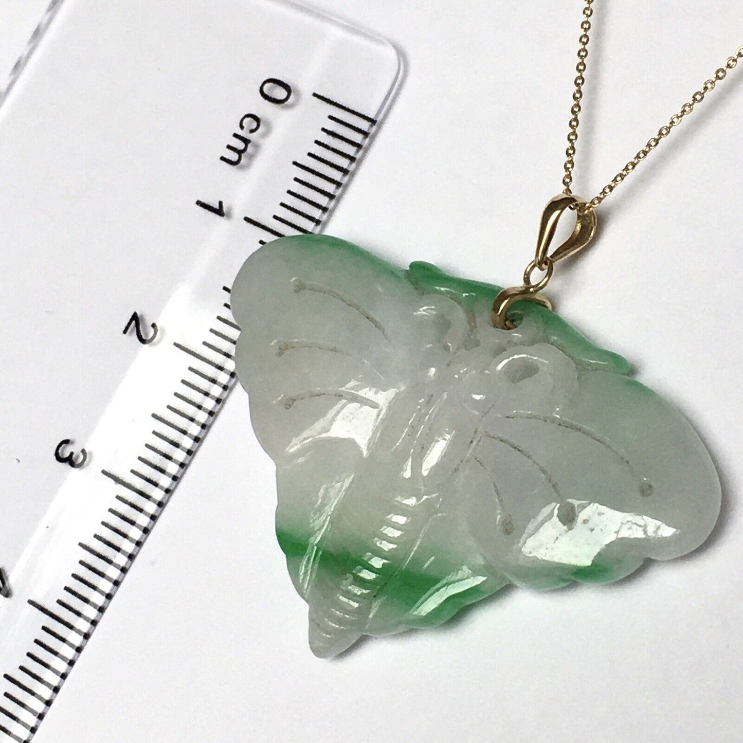 New 14k Solid Yellow Gold Natural White Green Jade Pendant Good Luck Butterfly