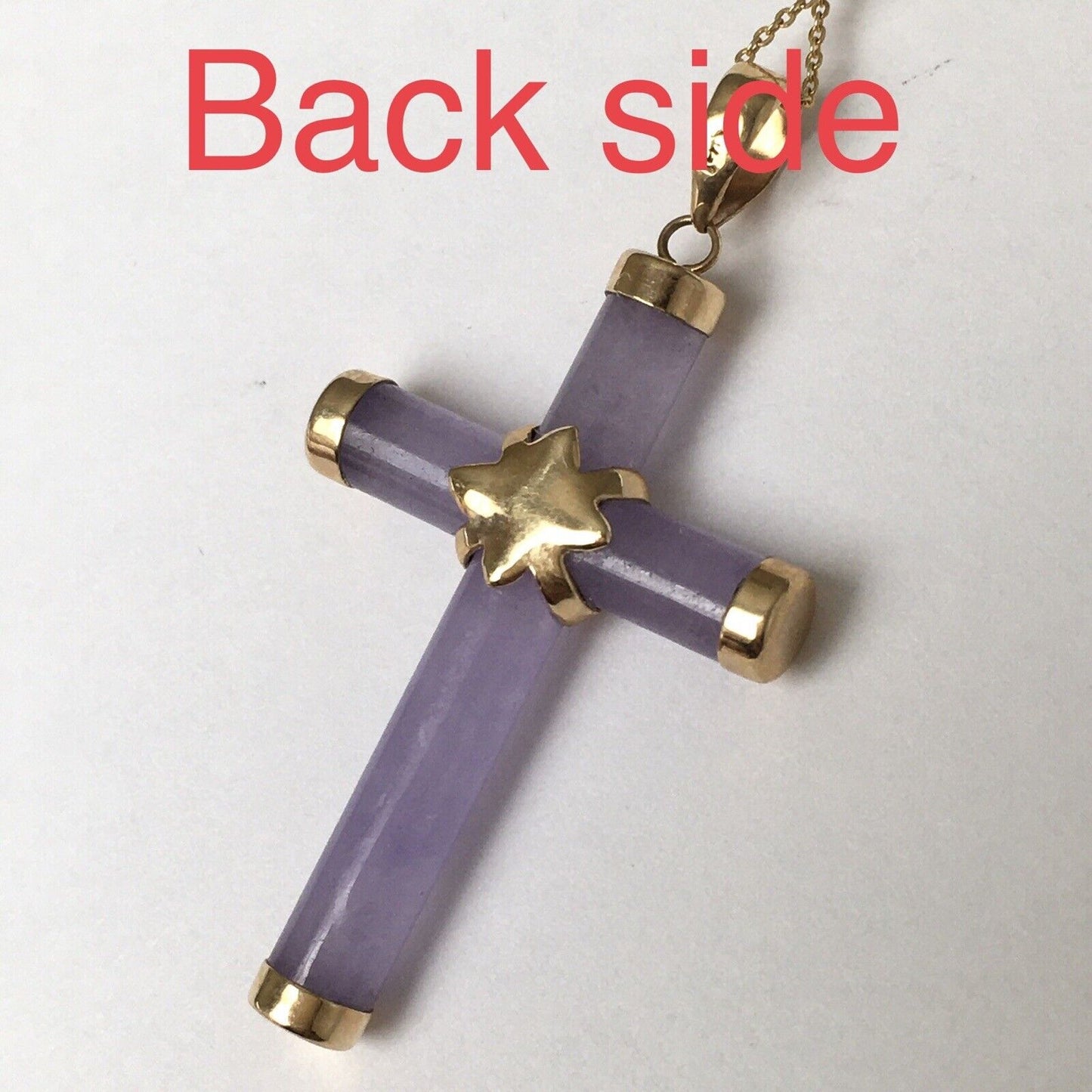New 14k Solid Yellow Gold Purple Lavender Natural Jade Pendant Good Luck Cross