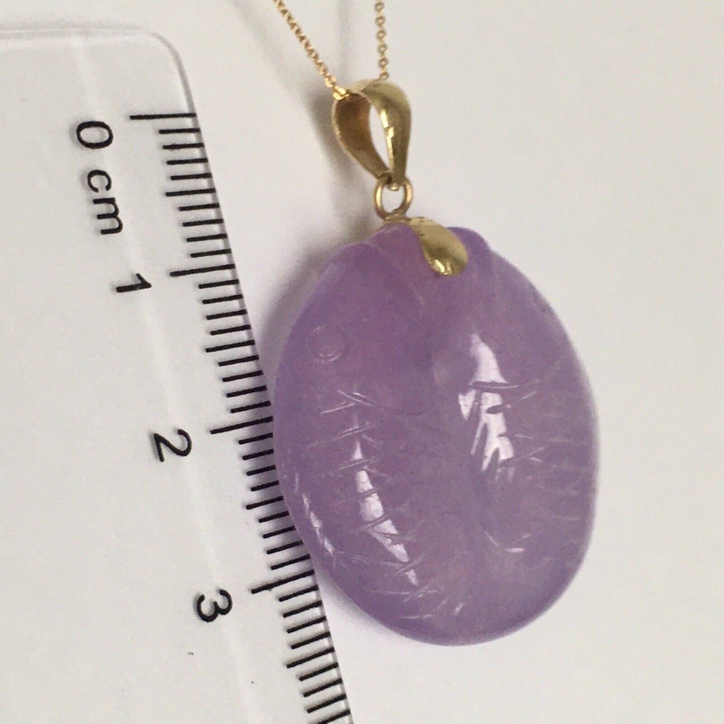14k Solid Yellow Gold Natural Lavender Jade Pendant Double Side Hand Carved Fish