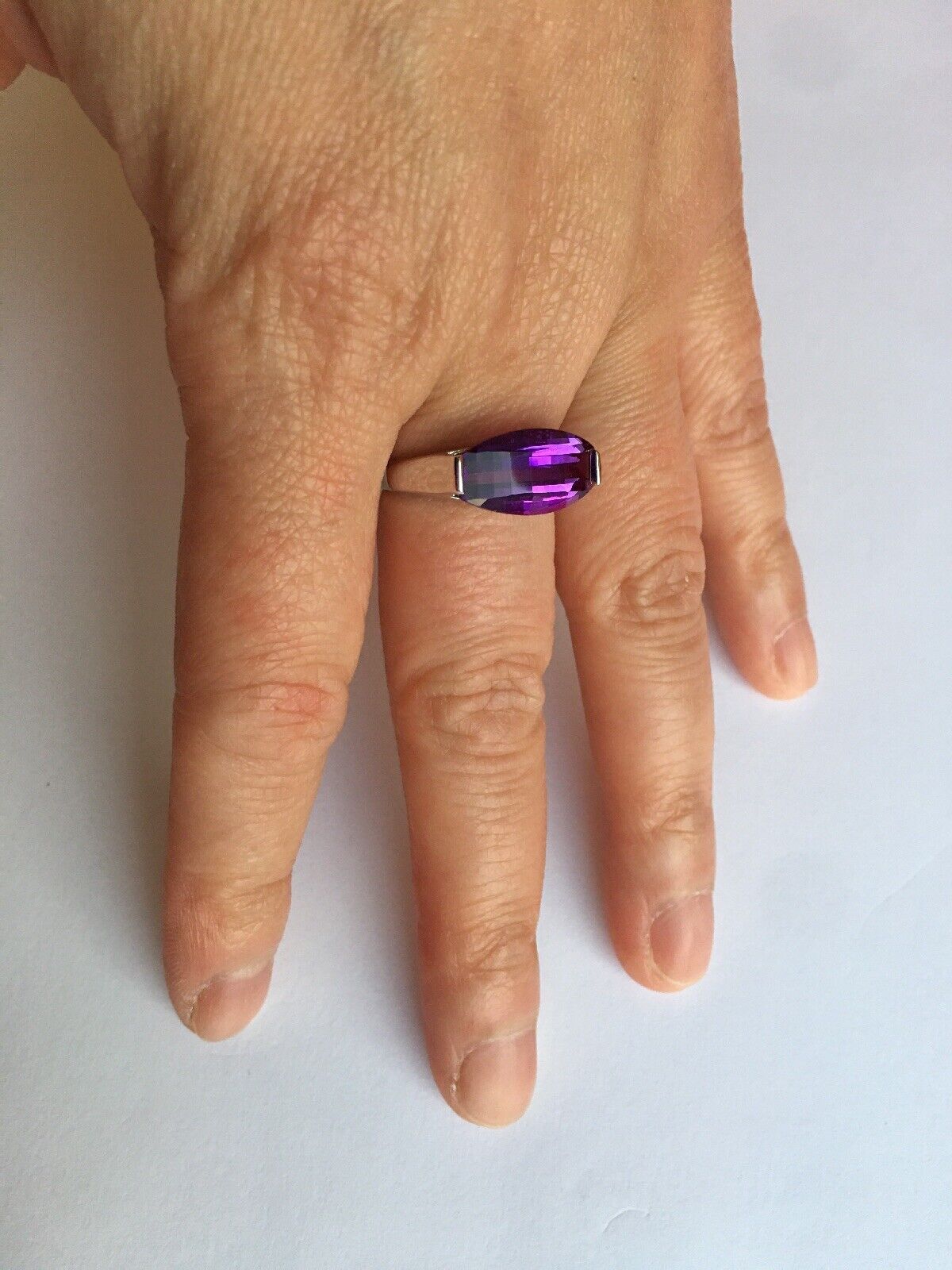 New 14k Solid White Gold W/G Amethyst Ring, 8*17mm, SZ-7, NWT, P065540