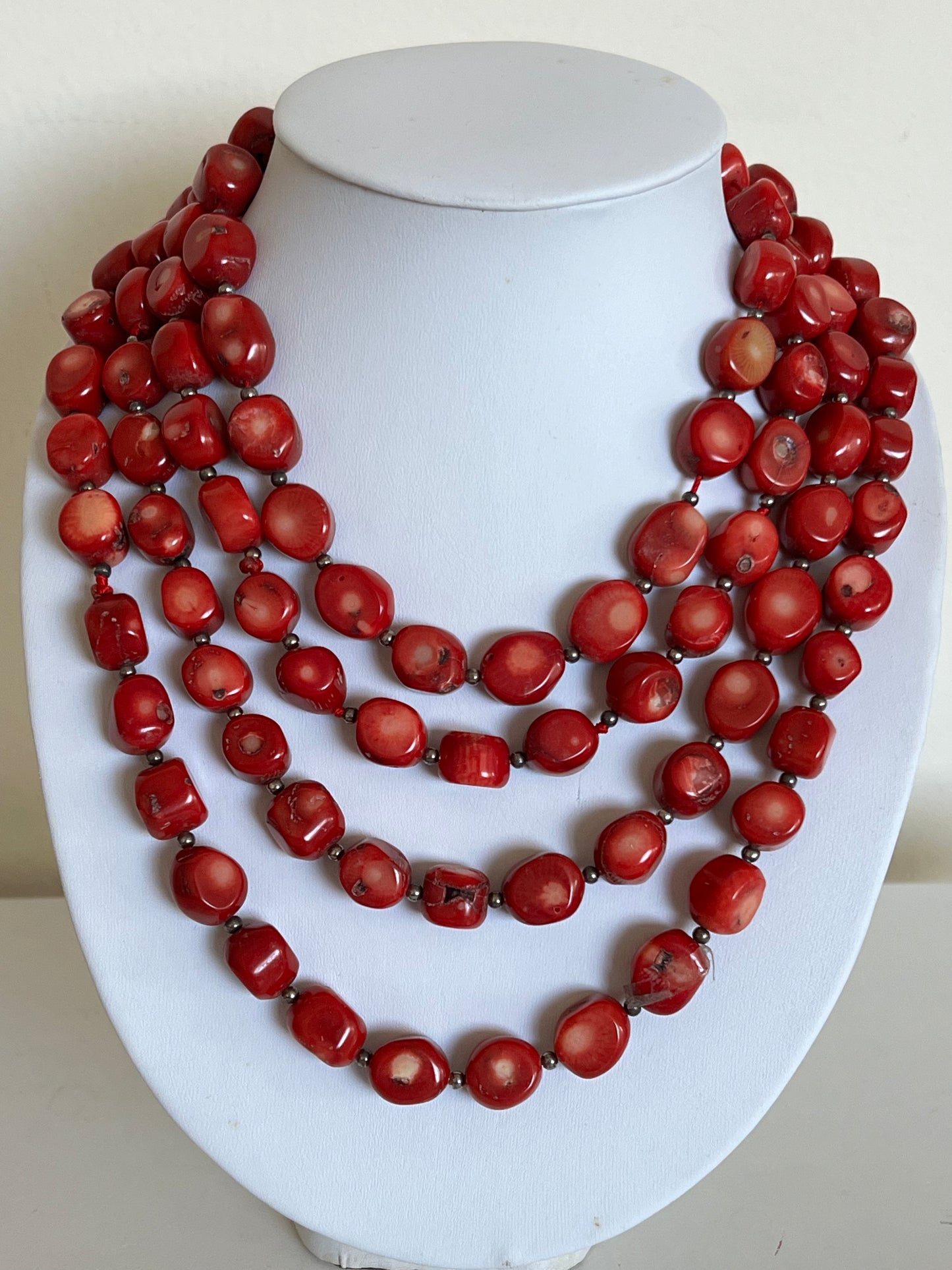 National Red Japanese Coral with Silver Beads Long Necklace