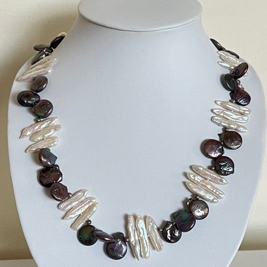 Natural Biwa Pearl Necklace black and white