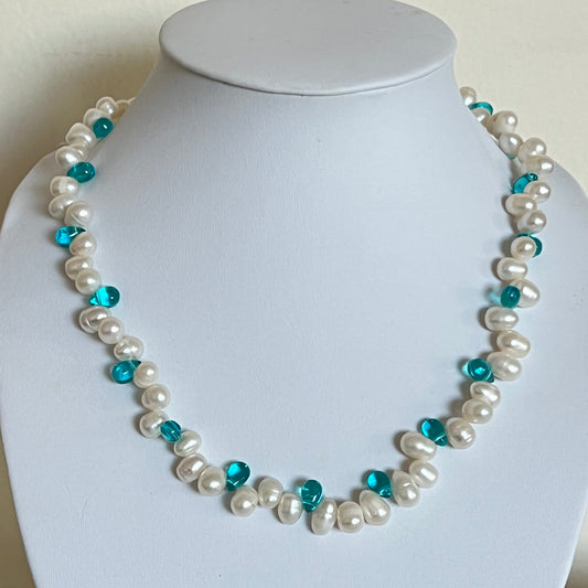 Natural freshwater pearl with blue teardrop crystal necklace