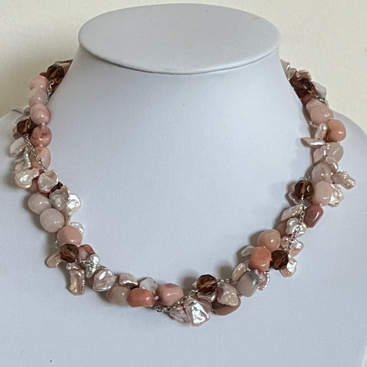 Natural Biwa pearl with agate and crystal necklace