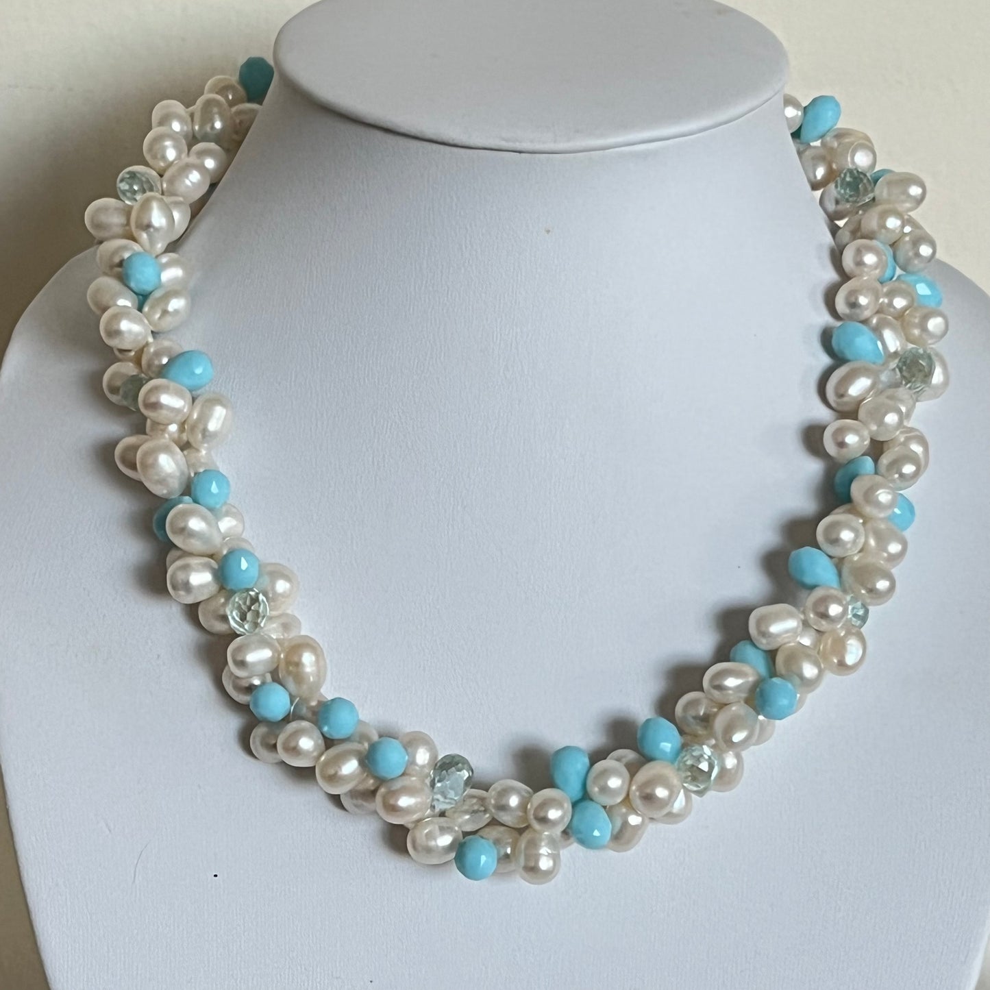 Natural Fresh Water pearl with blue Crystal Necklace