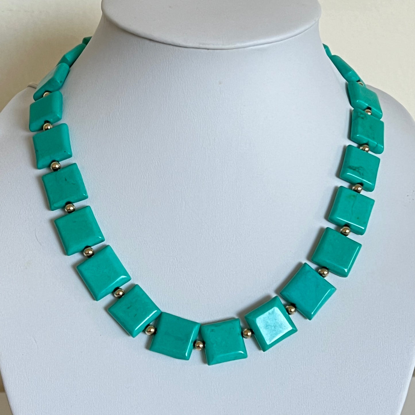 Flat square turquoise with gold filled beads necklace