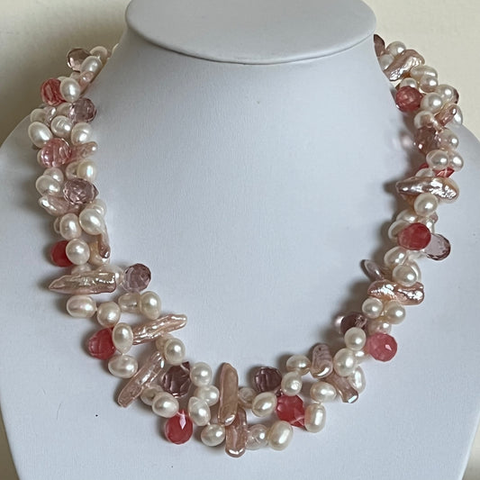 Natural Biwa Pearl Fresh Water Pearl with Rose crystal Pink crystal Necklace