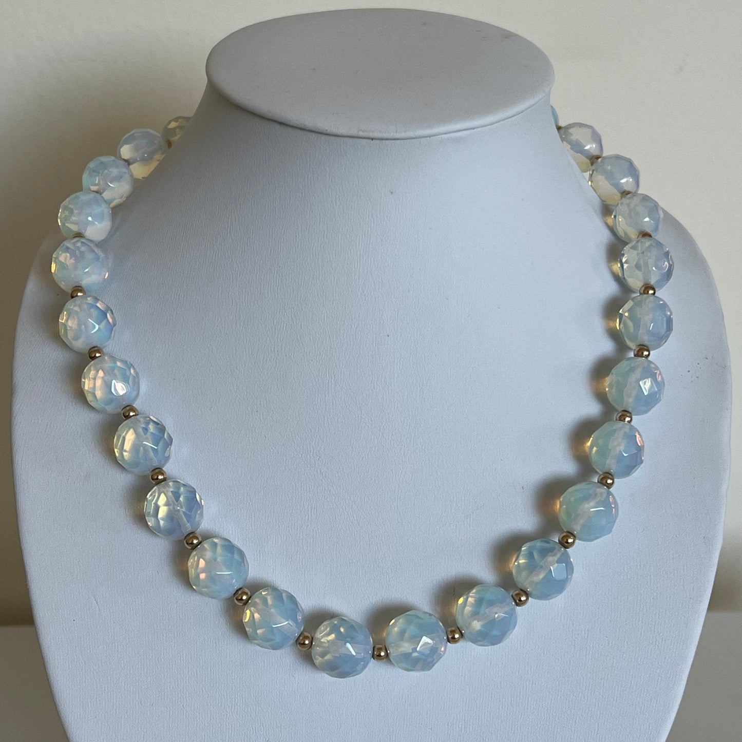 Fancy cut moonstone necklace, gold filled beads.