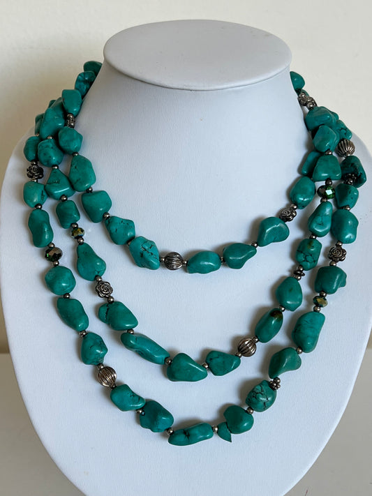 Turquoise with silver beads long necklace