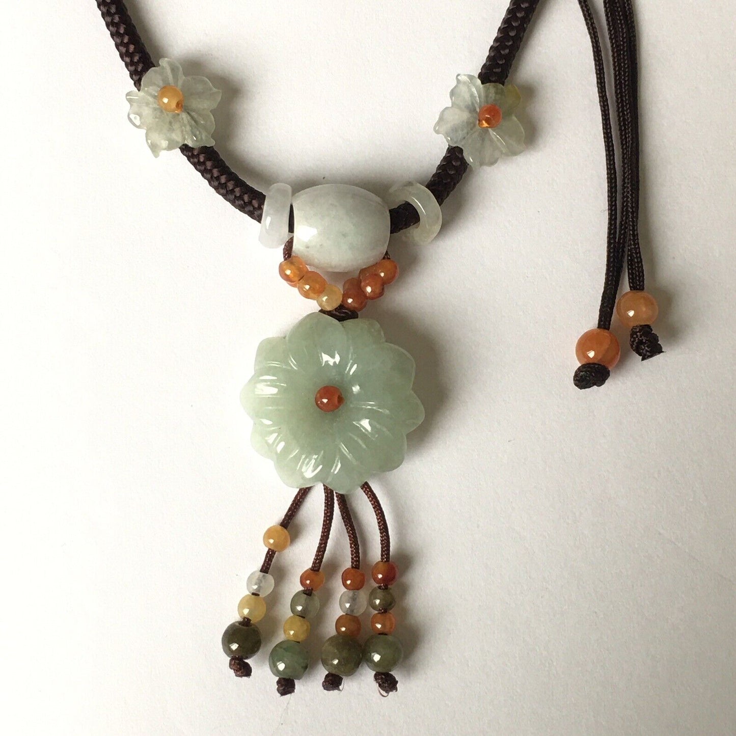 Macrame Handmade Genuine Carved Flower Jade Necklace adjustable 16~24”