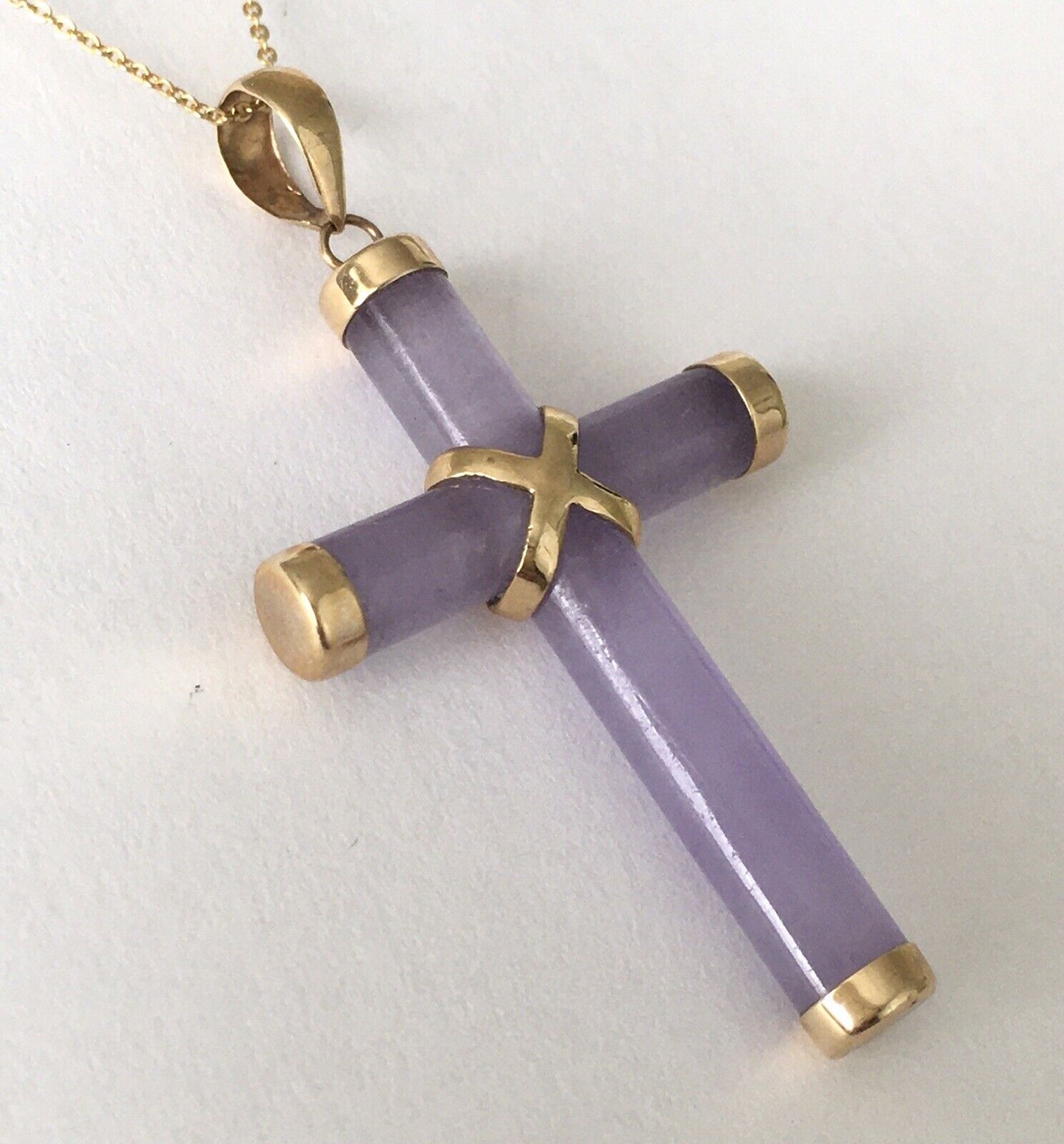 New 14k Solid Yellow Gold Purple Lavender Natural Jade Pendant Good Luck Cross