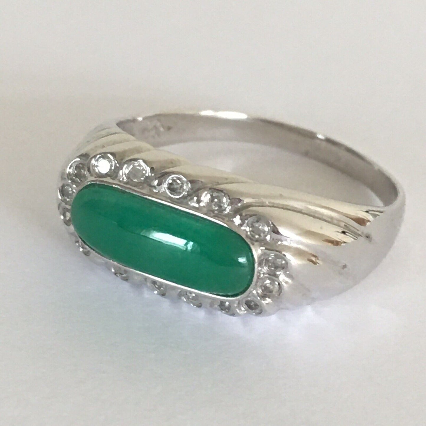 Q10426, New 14k Solid White Gold W/G Natural Green Jade Ring, 12*5mm, SZ-7