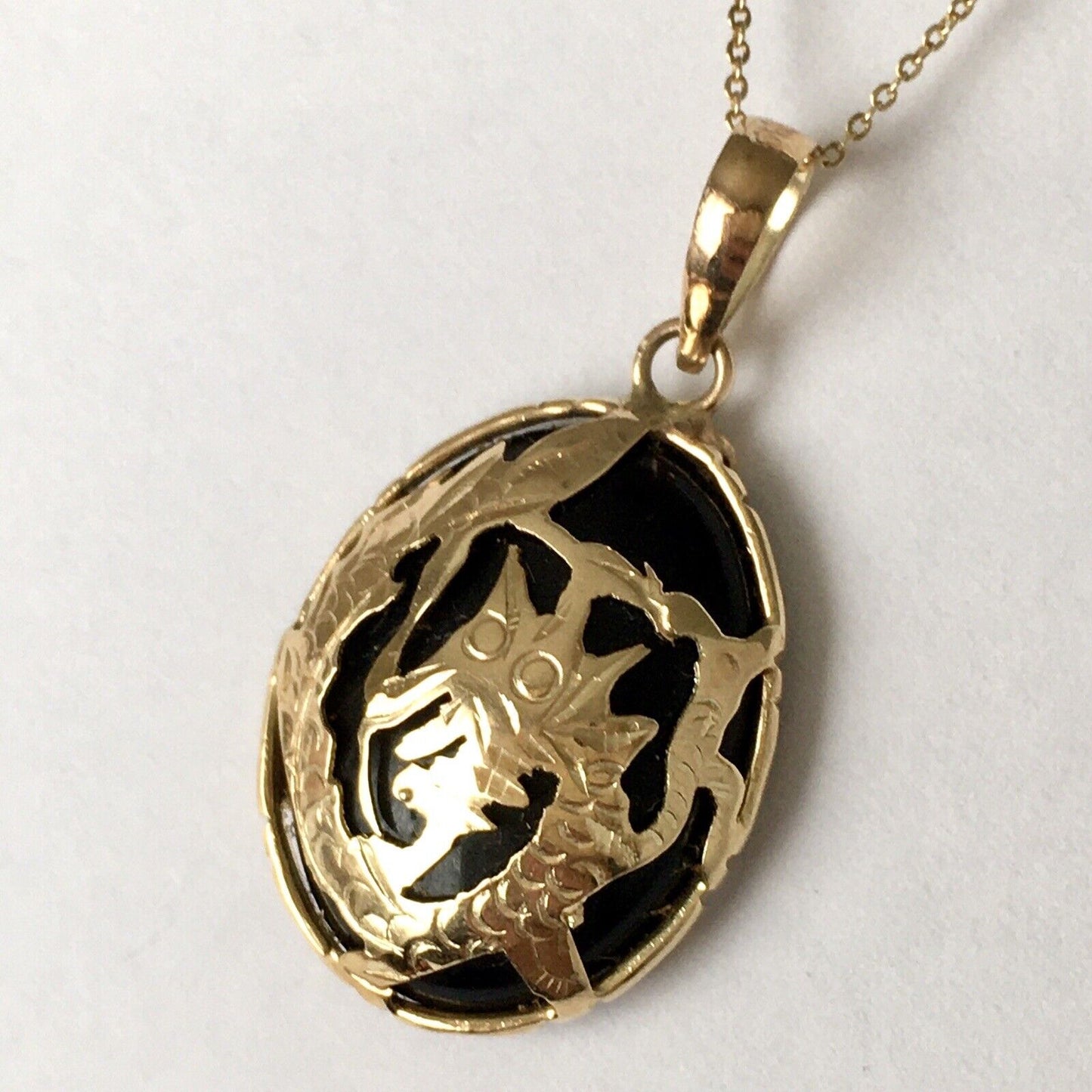 New 14k Solid Yellow Gold Black Onyx Pendant For Necklace, Powerful Dragon 2.5G