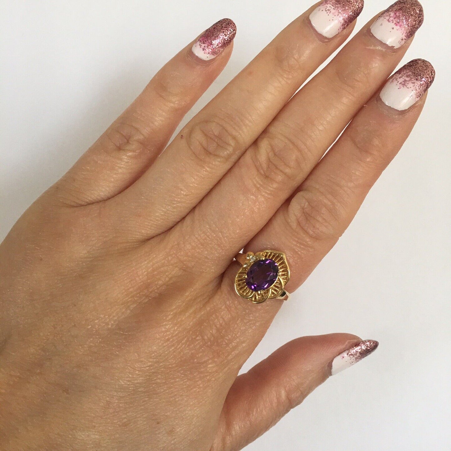 Q8519, New 14k Solid Yellow Gold Y/G Amethyst Ring, SZ-6.5