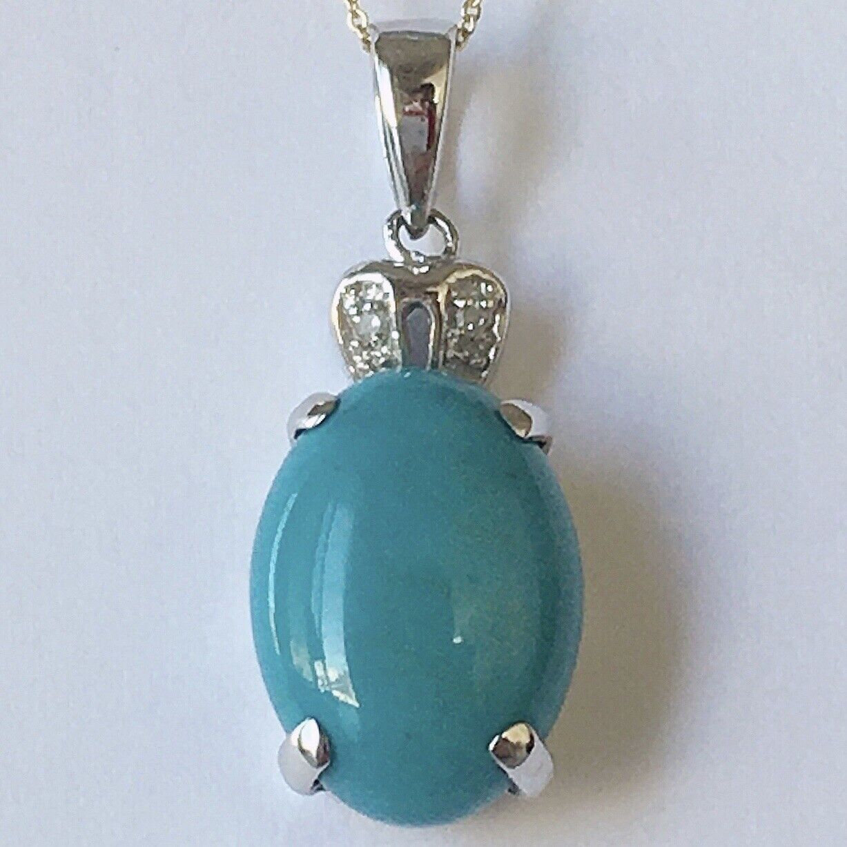 P-0964 New 14k Solid White Gold W/G Turquoise Pendant With Diamond, Oval Shape