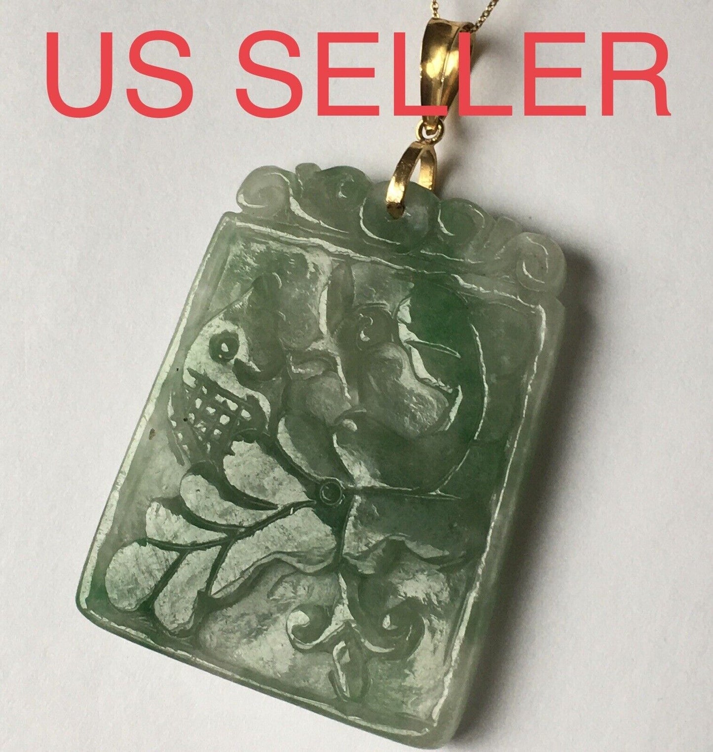 14k Solid Yellow Gold Big Green Jade Pendant Hand carved Good Luck Fish 16.0g