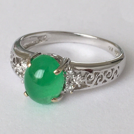 New Natural 14k Solid White Gold Quality Green Jade Diamonds Ring SZ-7.5