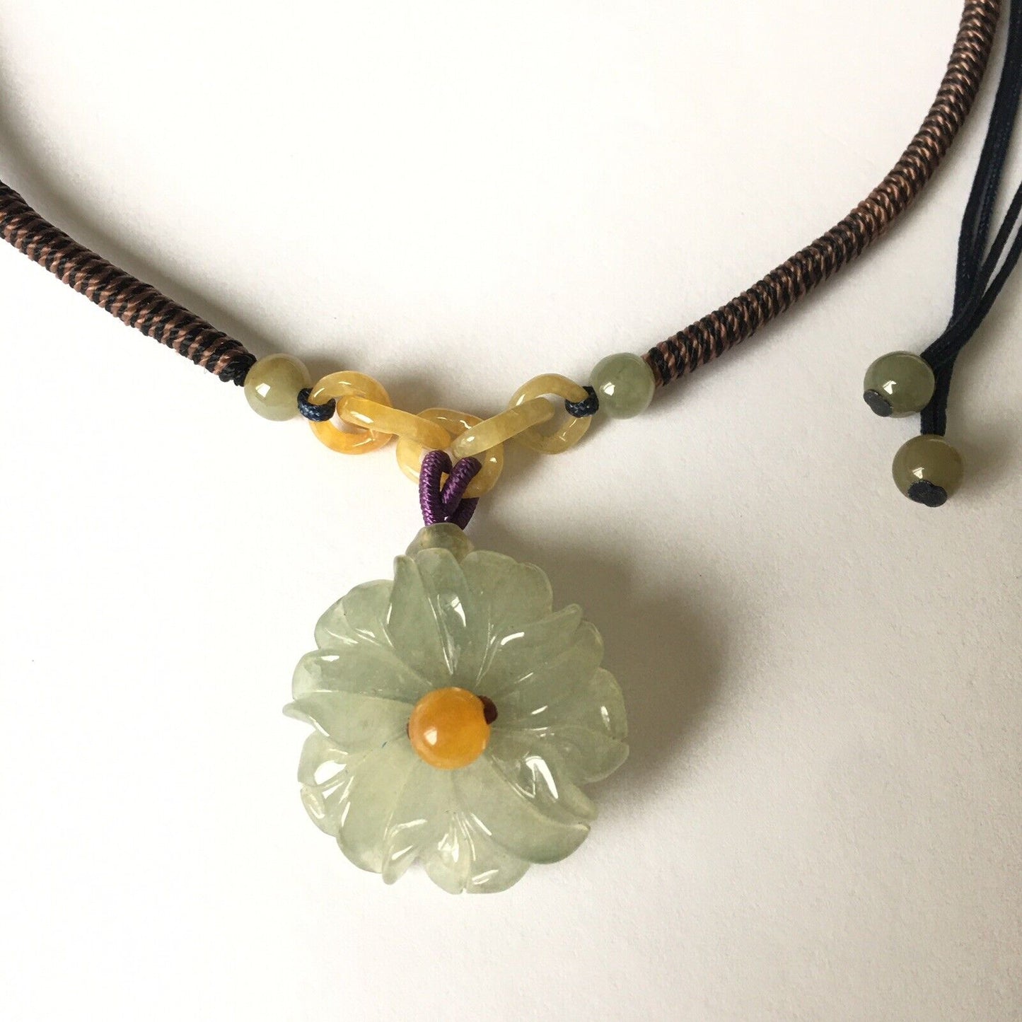 N-106 Macrame Handmade Genuine Carved Flower Jade Necklace adjustable 16~24”