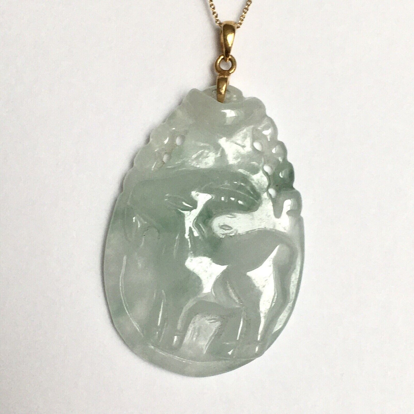 New 18k Solid Yellow Gold White Jade Pendant Good Luck Hand Carved Year Of Goat