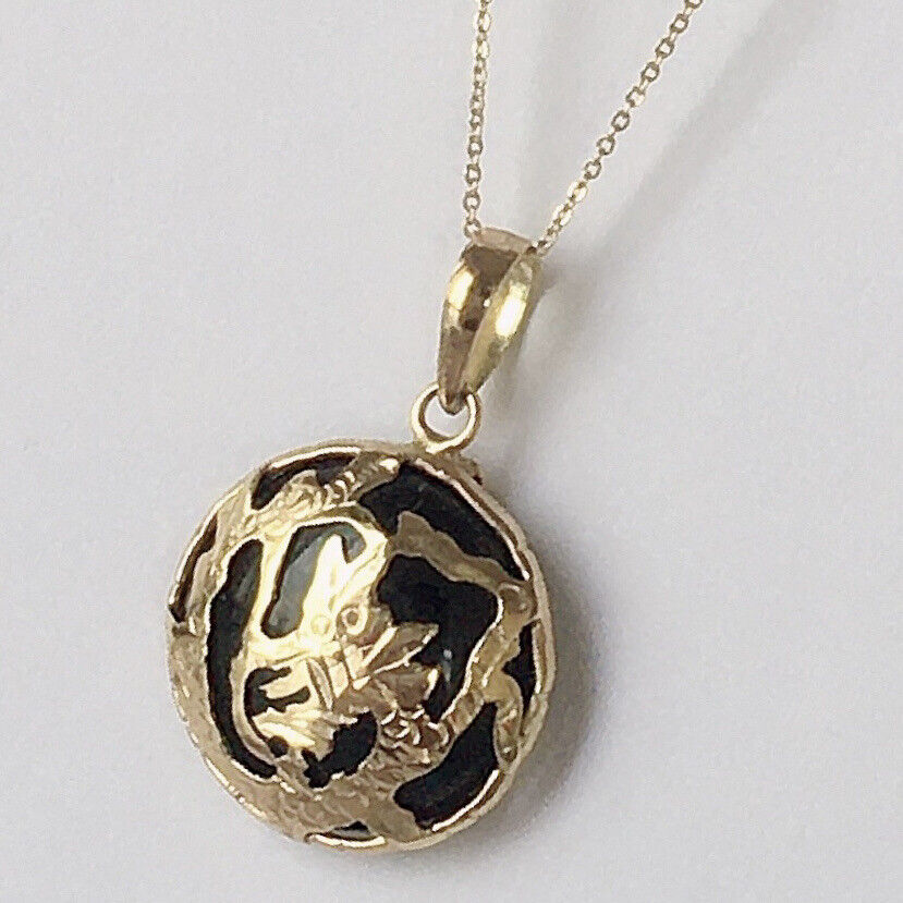 P-1940 New 14k Solid Yellow Gold Black Onyx Pendant Powerful Dragon