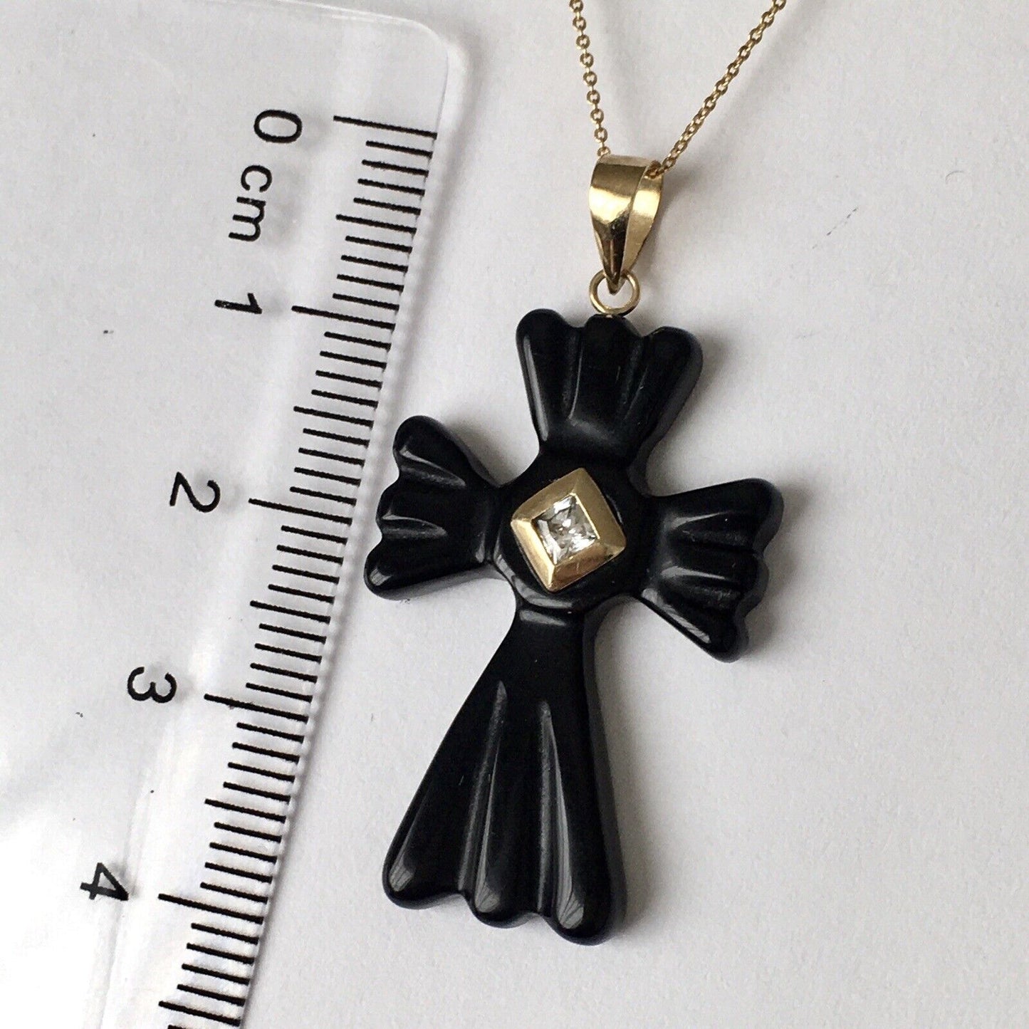 New 14k Real Solid Yellow Gold Black Onyx Diamond Pendant Good Luck Cross