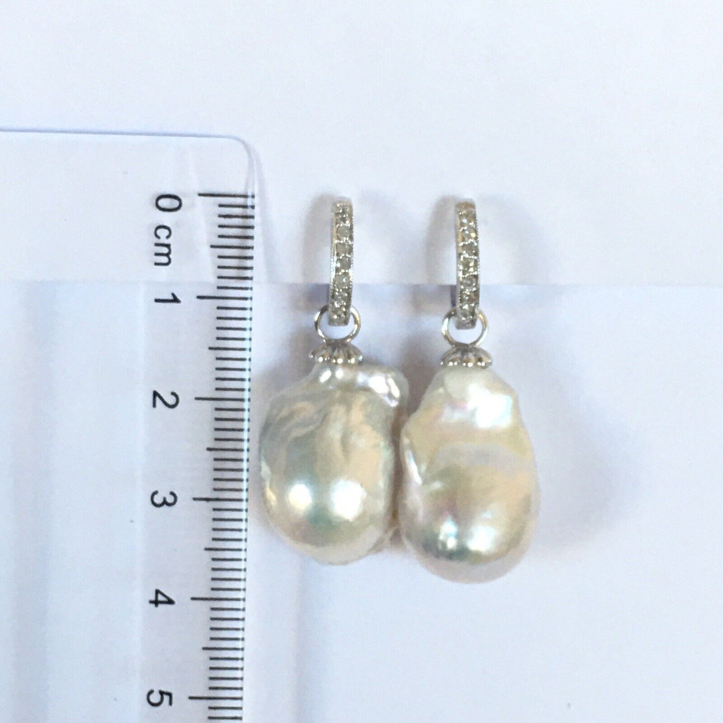 Q2350 14k Solid White Gold Big Natural Biwa Pearl Diamond Earrings Huggie Dangle