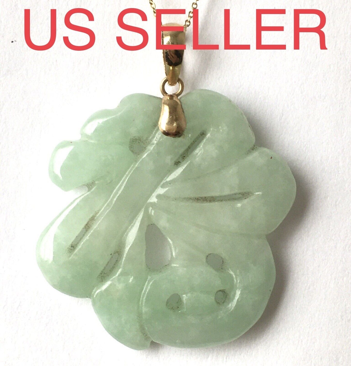 New 14k Solid Yellow Gold Green Jade Pendant “Happiness” Good Luck Hand Carved