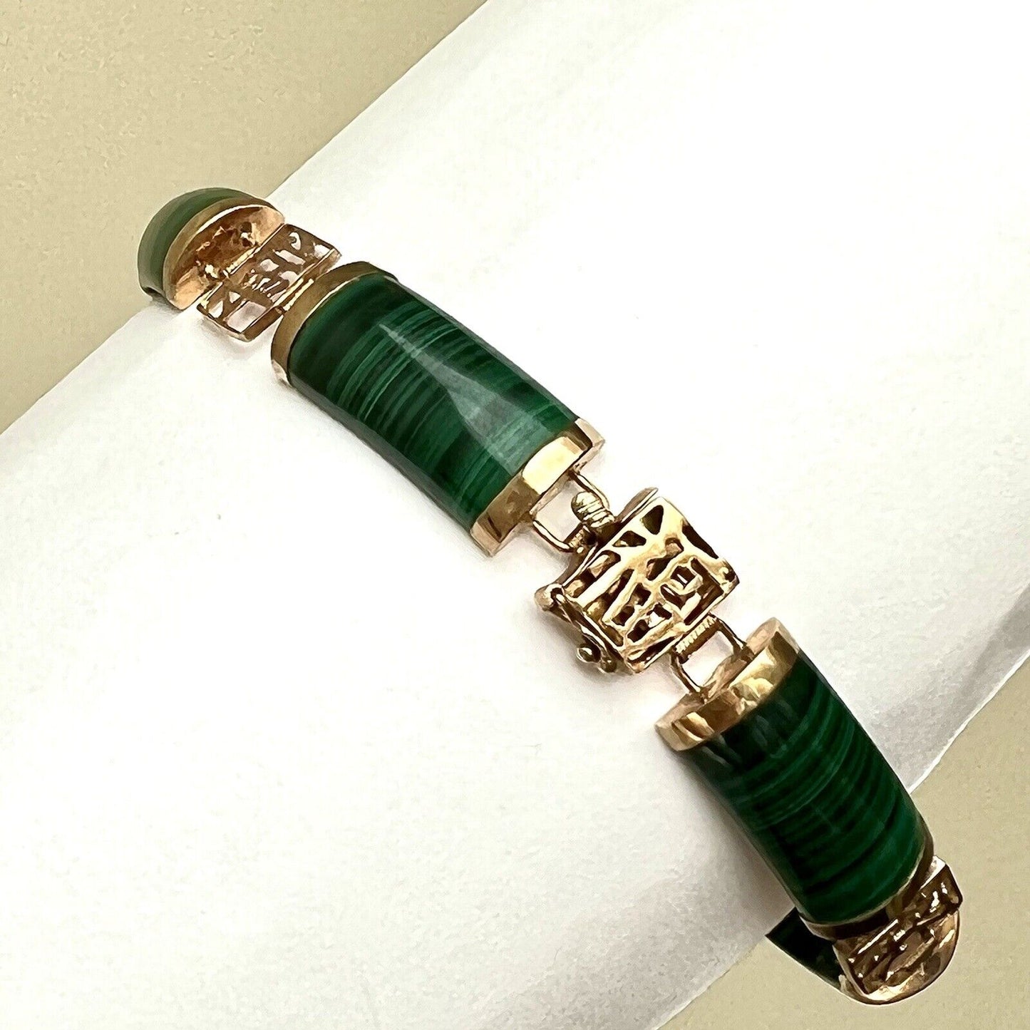 New 14k Solid Yellow Gold malachite Bamboo Bracelet 7.5” Lucky Money Safe