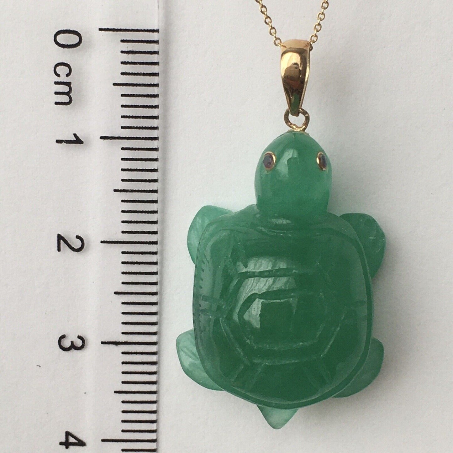 14k Solid Yellow Gold Natural Green Jade Turtle Pendant Ruby Eyes Hand Carved