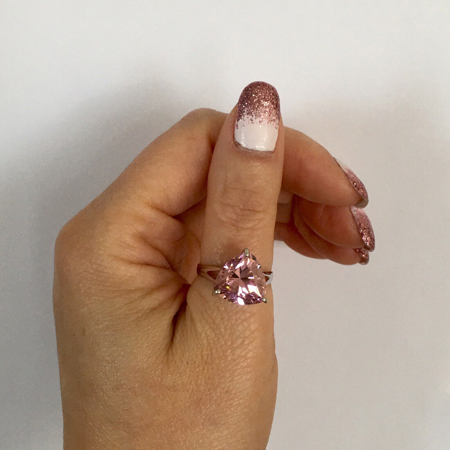 New 14k Solid White Gold W/G Pink Topaz Ring, 12*12*12mm, TriangleCut, SZ-7, NWT