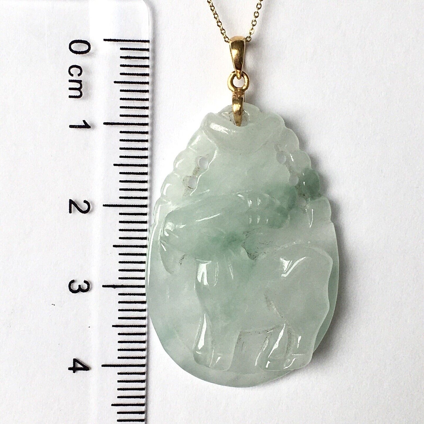 New 18k Solid Yellow Gold White Jade Pendant Good Luck Hand Carved Year Of Goat