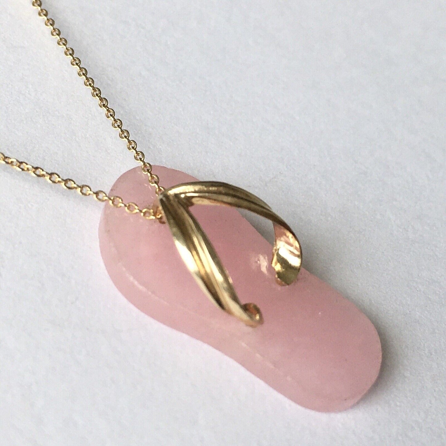 New 14k Solid Yellow Gold Pink Jade Pendant Good Luck Love Flip Flop