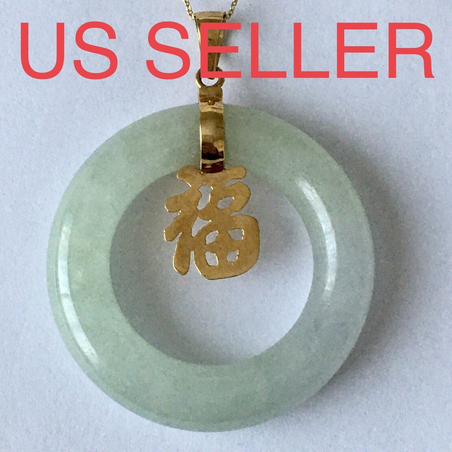 14k Real Yellow Gold Big Circle Natural Green Jade Pendant Lucky Happiness 10.8g