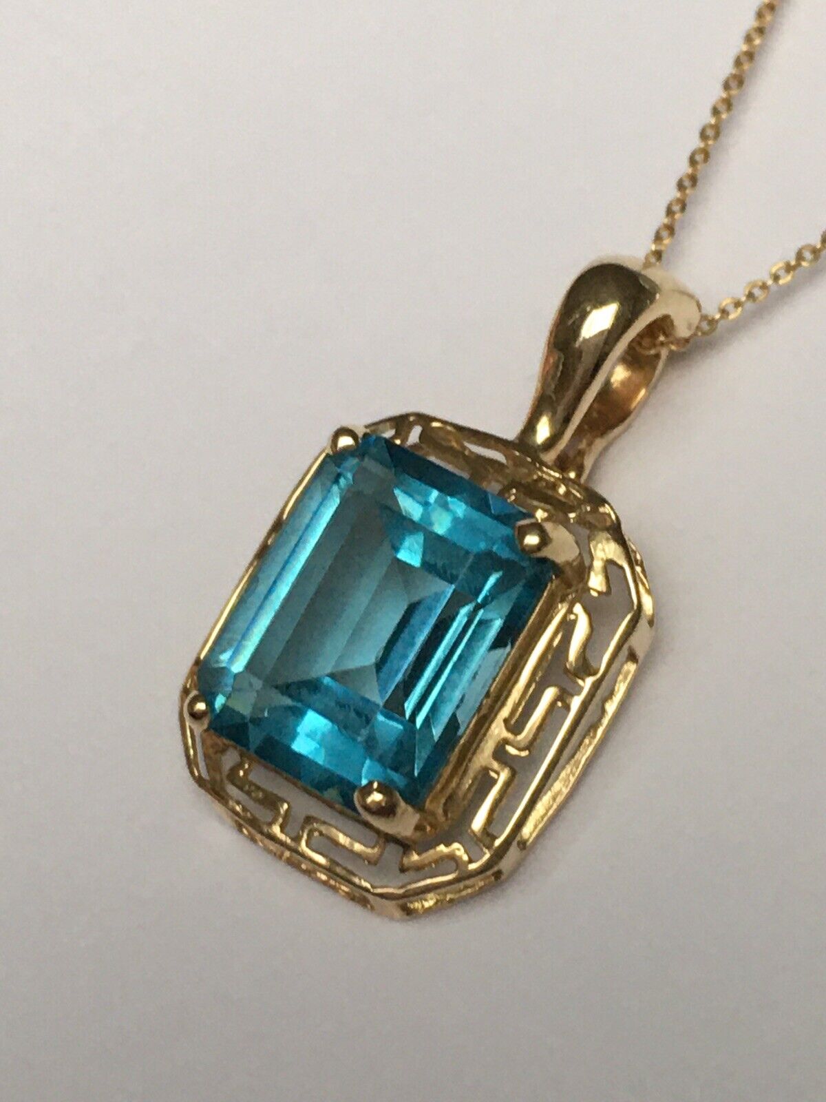 New 14k Solid yellow Gold Y/G Blue Topaz Pendant, 12*14mm, Emerald, P-067012.