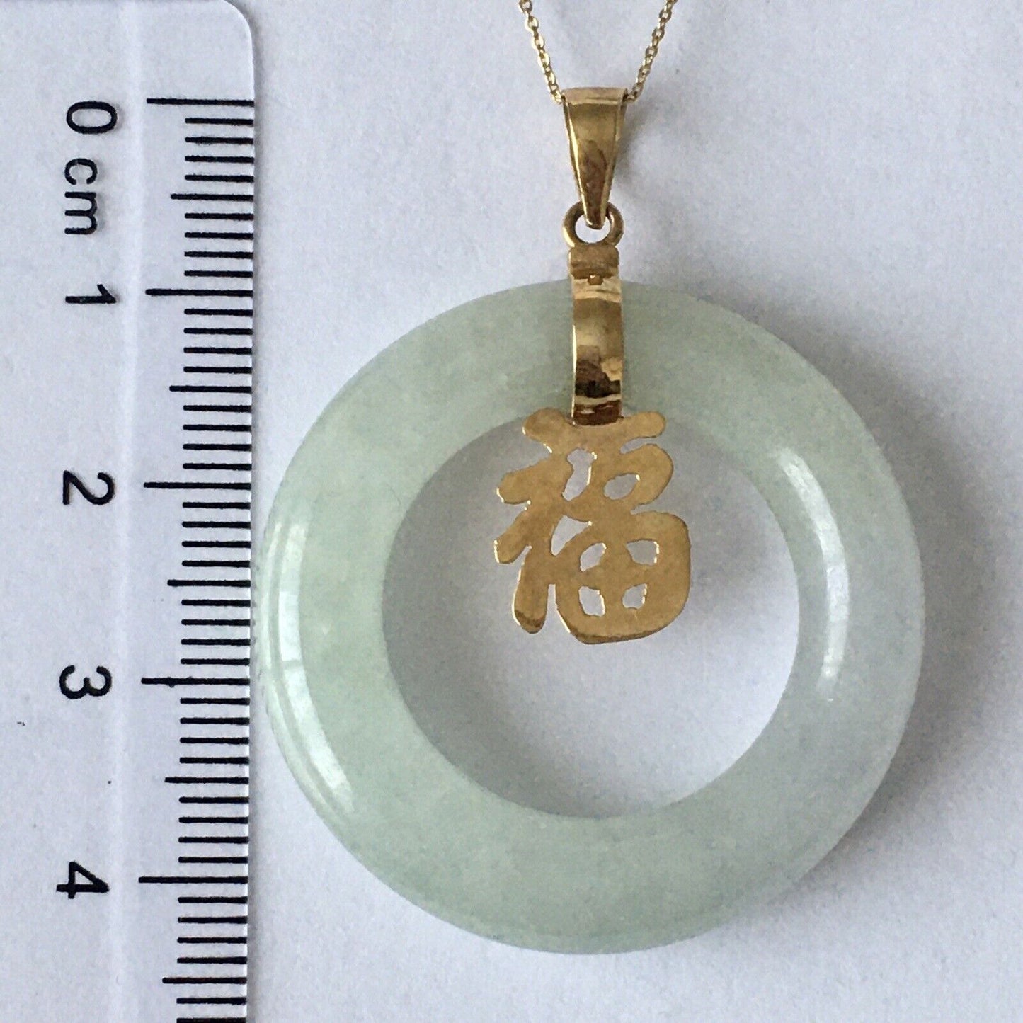 14k Real Yellow Gold Big Circle Natural Green Jade Pendant Lucky Happiness 10.8g