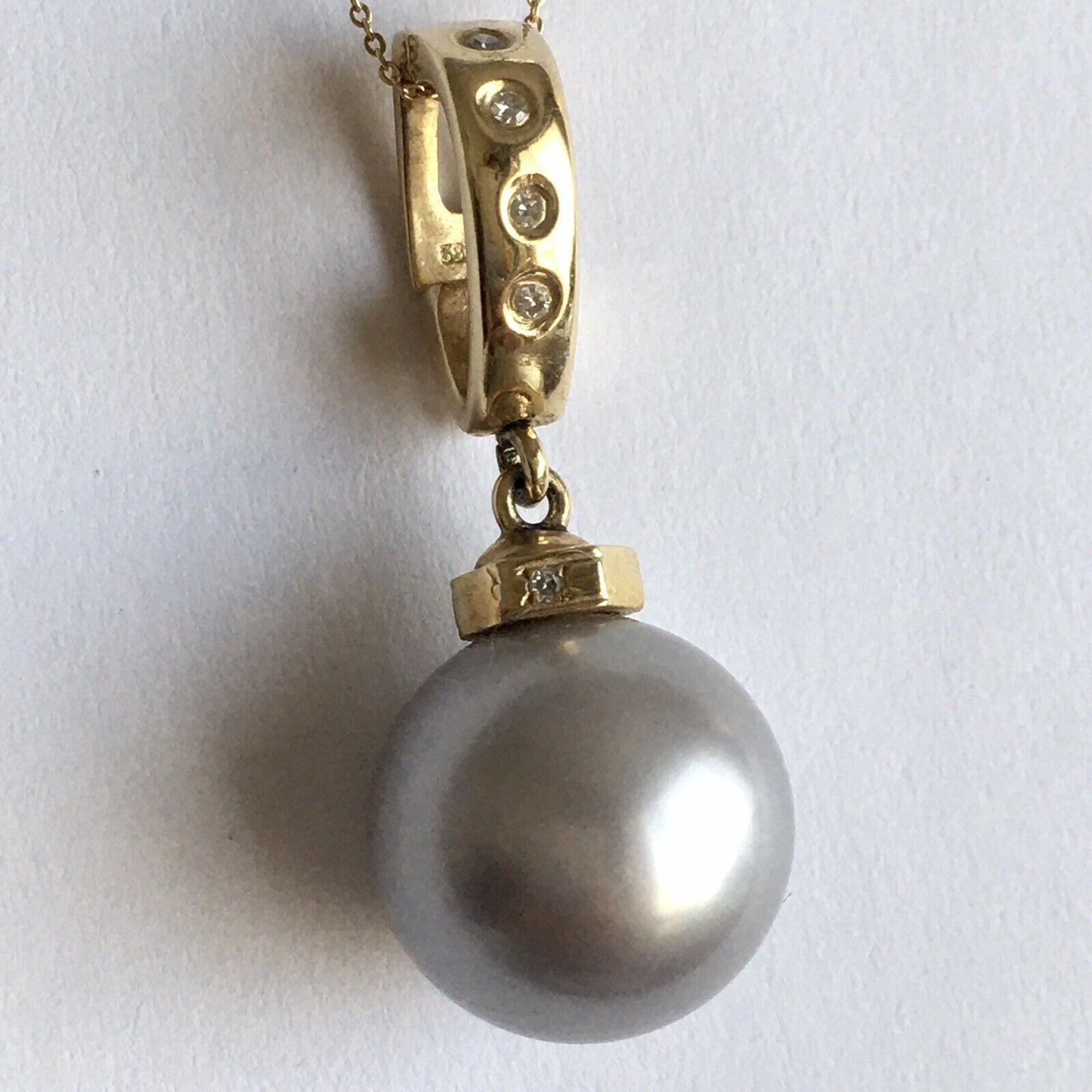 14k Real Yellow Gold Natural Gray South Sea Pearl Diamonds Pendant Perfect Round