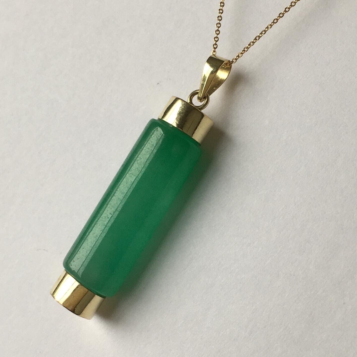 New 14k Solid Yellow Gold Quality Natural Green Jade Cylinder Pendant Good Luck