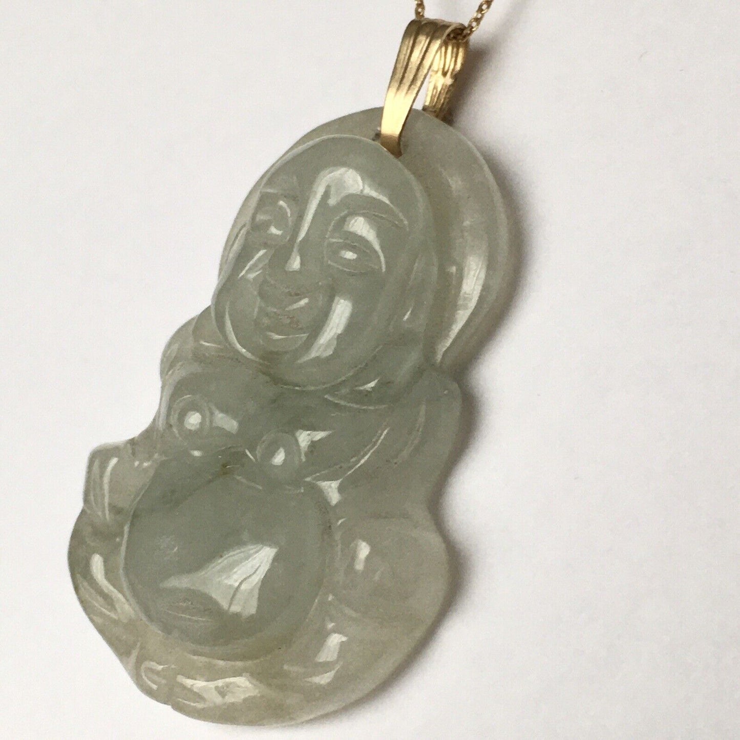 New 14k Solid Yellow Gold Natural Quality Green Jade Pendant Lucky Buddha 7.1g