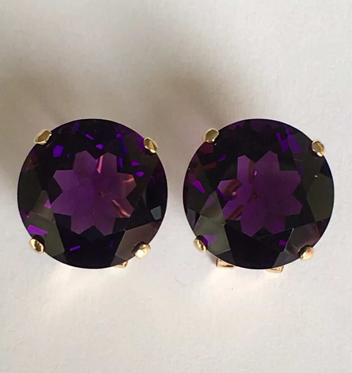 New 14k Solid Yellow Gold Y/G Amethyst Earrings Round cut, 15*15mm, French Clip