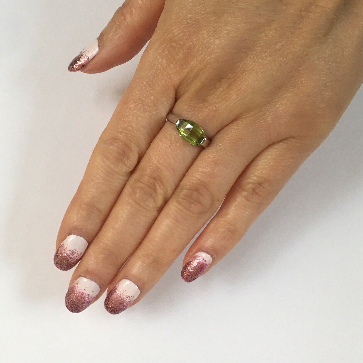 New 14k Solid White Gold W/G Peridot Ring Fancy Cut, 7*11mm, SZ-7, NWT