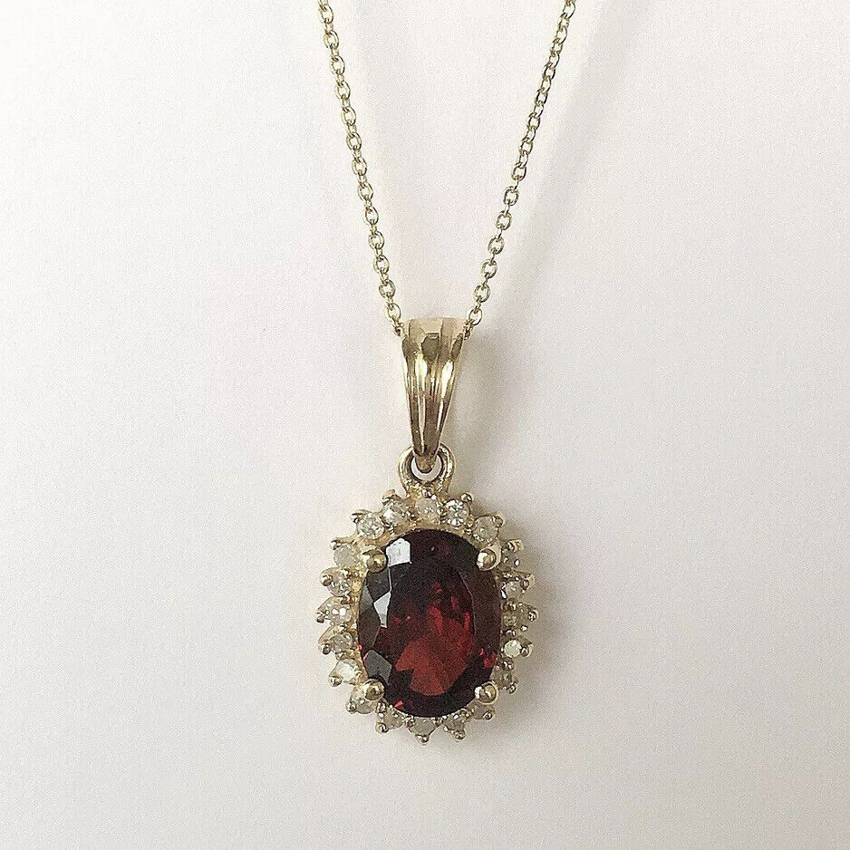 P11156 New 14k Solid Yellow Gold Y/G Garnet Pendant With Diamonds Oval