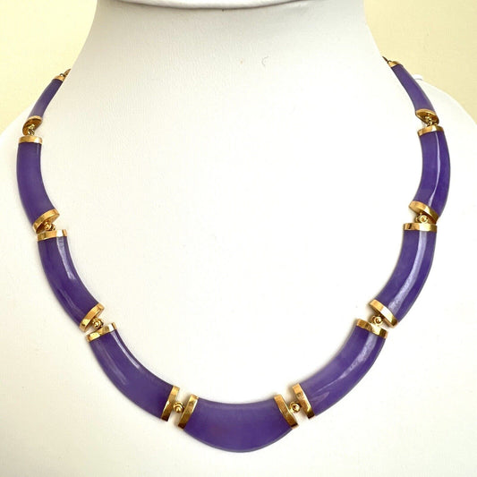 New 14k Solid Yellow Gold Natural Lavender Jade Bamboo Necklace 18”